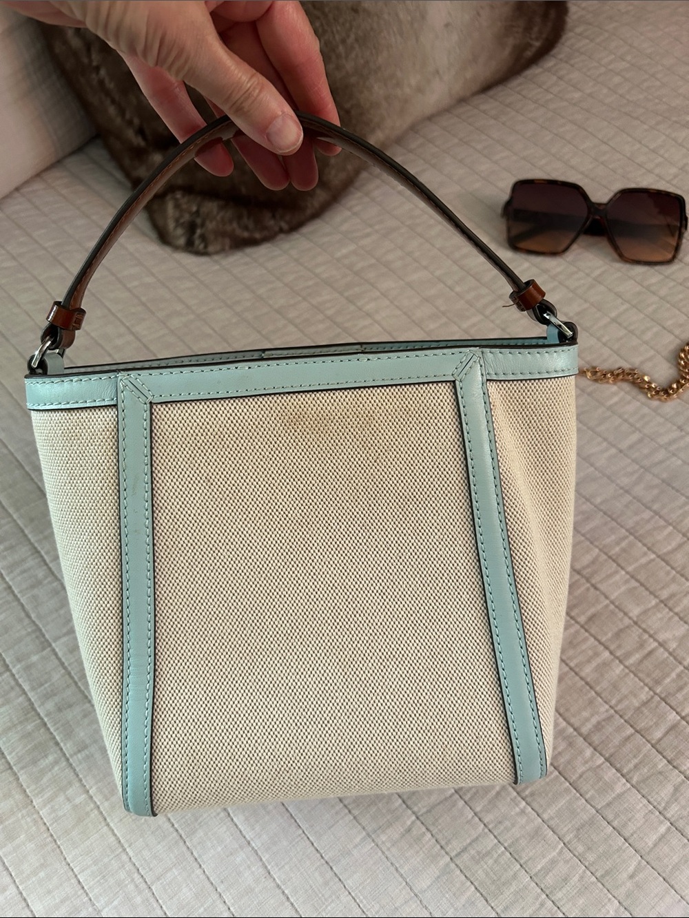 Tory Burch McGraw bucket canvas small tote bag cream blue - Picture 10 of 16